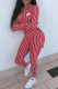 Red Fashion Sportswear Striped Patchwork Turndown Collar Jumpsuits
