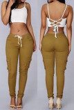 Khaki Fashion Casual Solid Basic Regular Mid Waist Trousers