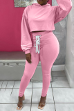Pink Casual Solid Draw String Hooded Collar Long Sleeve Two Pieces