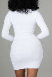 White Sexy Solid Hollowed Out Split Joint Frenulum V Neck Pencil Skirt Dresses