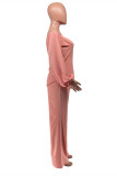 Pink Fashion Casual Print Backless Off the Shoulder Long Sleeve Two Pieces