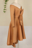 Khaki Elegant Solid Patchwork With Bow V Neck Evening Dress Dresses