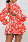 Red Fashion Casual Print Hollowed Out V Neck Long Sleeve Dresses
