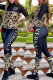 Gold Fashion Vintage Print Patchwork Zipper Collar Long Sleeve Two Pieces