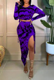 Purple Sexy Print Split Joint Draw String High Opening Asymmetrical O Neck Long Sleeve Two Pieces
