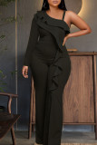 Black Elegant Solid Patchwork Flounce Oblique Collar Straight Jumpsuits
