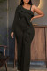 Black Elegant Solid Patchwork Flounce Oblique Collar Straight Jumpsuits