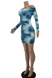 Light Blue Fashion Sexy Print Tie Dye Backless Off the Shoulder Long Sleeve Dresses
