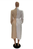 Khaki Fashion Casual Patchwork Basic Turndown Collar Shirt Dress