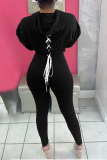 Black Casual Solid Draw String Hooded Collar Long Sleeve Two Pieces