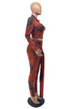 Orange Fashion Casual Print Patchwork Zipper Collar Long Sleeve Two Pieces