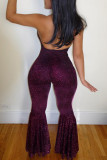 Purple Fashion Sexy Solid Backless Halter Regular Jumpsuits