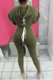 Light Green Casual Solid Draw String Hooded Collar Long Sleeve Two Pieces