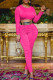 Rose Red Casual Solid Patchwork Fold O Neck Long Sleeve Two Pieces(Without Belt)