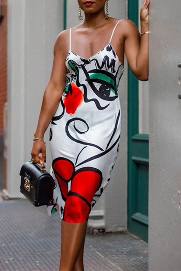 Multicolor Fashion Sexy Print Backless V Neck Sling Dress