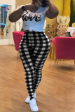 White Casual Plaid Patchwork O Neck Short Sleeve Two Pieces