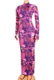 Purple Sexy Print Patchwork Slit One Step Skirt Dresses