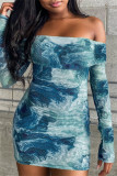 Light Blue Fashion Sexy Print Tie Dye Backless Off the Shoulder Long Sleeve Dresses