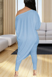 Sky Blue Casual Solid Patchwork Asymmetrical Off the Shoulder Three Quarter Two Pieces