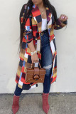Red Fashion Casual Print Cardigan Turndown Collar Outerwear