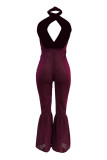 Purple Fashion Sexy Solid Backless Halter Regular Jumpsuits