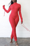 Red Casual Solid Patchwork Fold Zipper Collar Skinny Jumpsuits