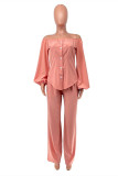 Pink Fashion Casual Print Backless Off the Shoulder Long Sleeve Two Pieces