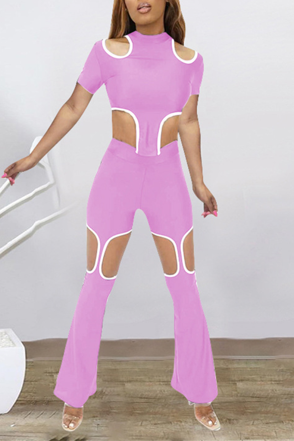 Pink Sexy Patchwork Hollowed Out O Neck Short Sleeve Two Pieces