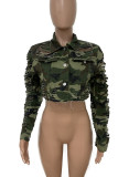 Camouflage Street Camouflage Print Ripped Split Joint Buckle Turndown Collar Long Sleeve Regular Denim Jacket