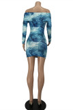 Light Blue Fashion Sexy Print Tie Dye Backless Off the Shoulder Long Sleeve Dresses