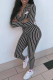 Black Fashion Sportswear Striped Patchwork Turndown Collar Jumpsuits