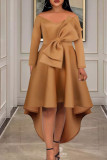 Khaki Elegant Solid Patchwork With Bow V Neck Evening Dress Dresses