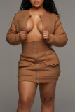 Yellow Sexy Solid Patchwork Zipper Collar Long Sleeve Two Pieces