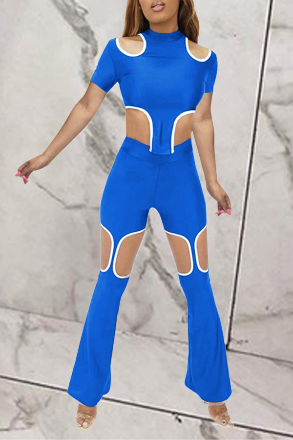 Blue Sexy Patchwork Hollowed Out O Neck Short Sleeve Two Pieces