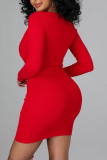 Red Sexy Solid Hollowed Out Split Joint Frenulum V Neck Pencil Skirt Dresses
