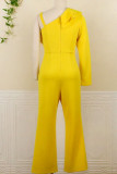Yellow Elegant Solid Patchwork Flounce Oblique Collar Straight Jumpsuits