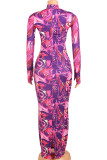 Purple Sexy Print Patchwork Slit One Step Skirt Dresses
