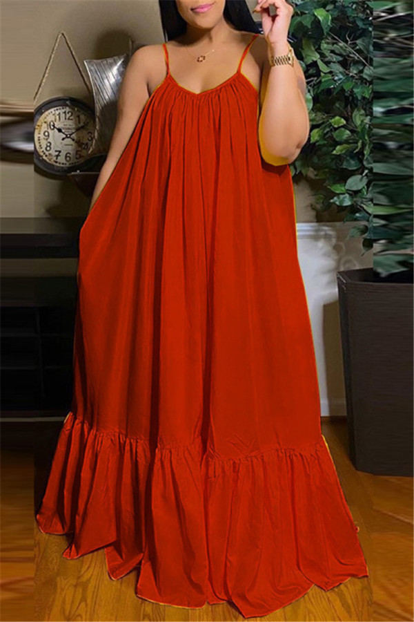 Red Sexy Casual Solid Backless Spaghetti Strap Loose Sling Dress