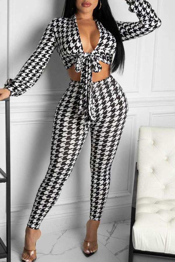 White Sexy Print Bandage Patchwork V Neck Long Sleeve Two Pieces