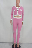 Pink Casual Solid Patchwork Buckle O Neck Two Pieces