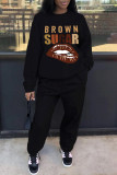 Black Fashion Casual Letter Lips Printed Basic O Neck Long Sleeve Two Pieces