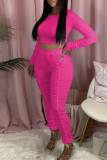 Rose Red Casual Solid Patchwork Fold O Neck Long Sleeve Two Pieces(Without Belt)