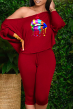 Red Sexy Print Patchwork One Shoulder Long Sleeve Two Pieces
