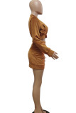 Yellow Sexy Solid Patchwork Zipper Collar Long Sleeve Two Pieces