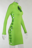 Green Sexy Casual Solid Hollowed Out Turtleneck Long Sleeve Dresses