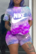 Purple Casual Patchwork Tie-dye O Neck Short Sleeve Two Pieces