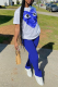 Blue Casual Print Patchwork O Neck Short Sleeve Two Pieces