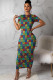Multi-color Chemical fiber blend Celebrities Cap Sleeve Short Sleeves O neck Step Skirt Ankle-Length Print 