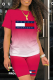 Red Casual Print Patchwork O Neck Short Sleeve Two Pieces