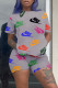 Grey Fashion Casual Print Basic O Neck Short Sleeve Two Pieces